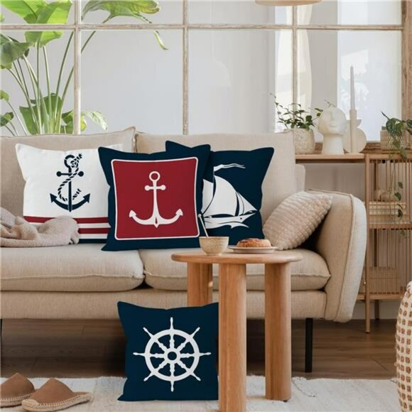Navy Blue Nautical Anchor Pillow Covers 18x18 Set of 4 Ocean Coastal Boat Decor - Picture 4 of 8